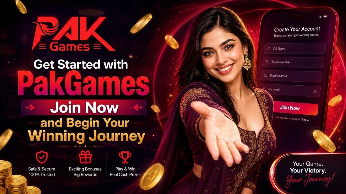 Pak Games terms banner with the logo and a phone showing the app